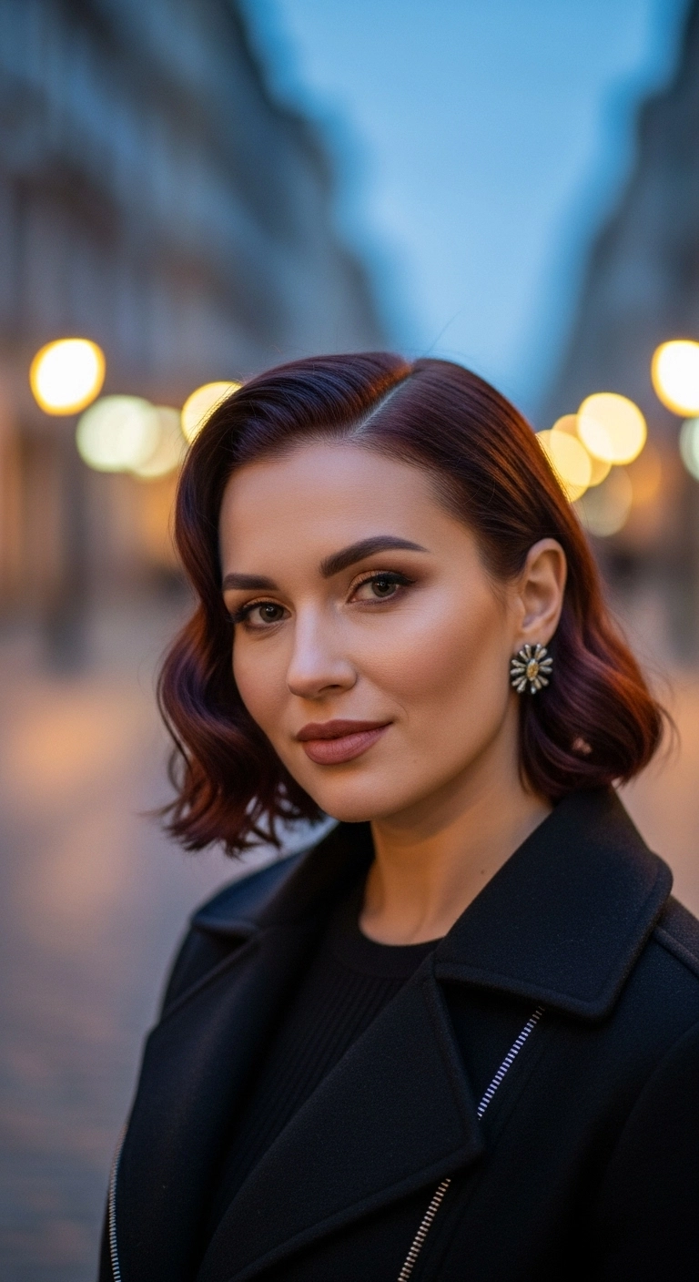 A woman with sleek auburn Hollywood waves, with one side tucked behind her ear.