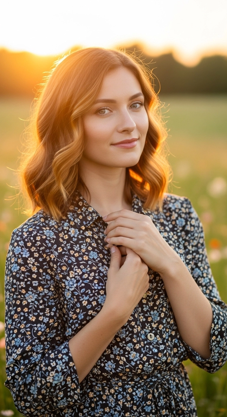 A woman with sun-kissed blonde medium-length hair in soft Hollywood waves at golden hour.