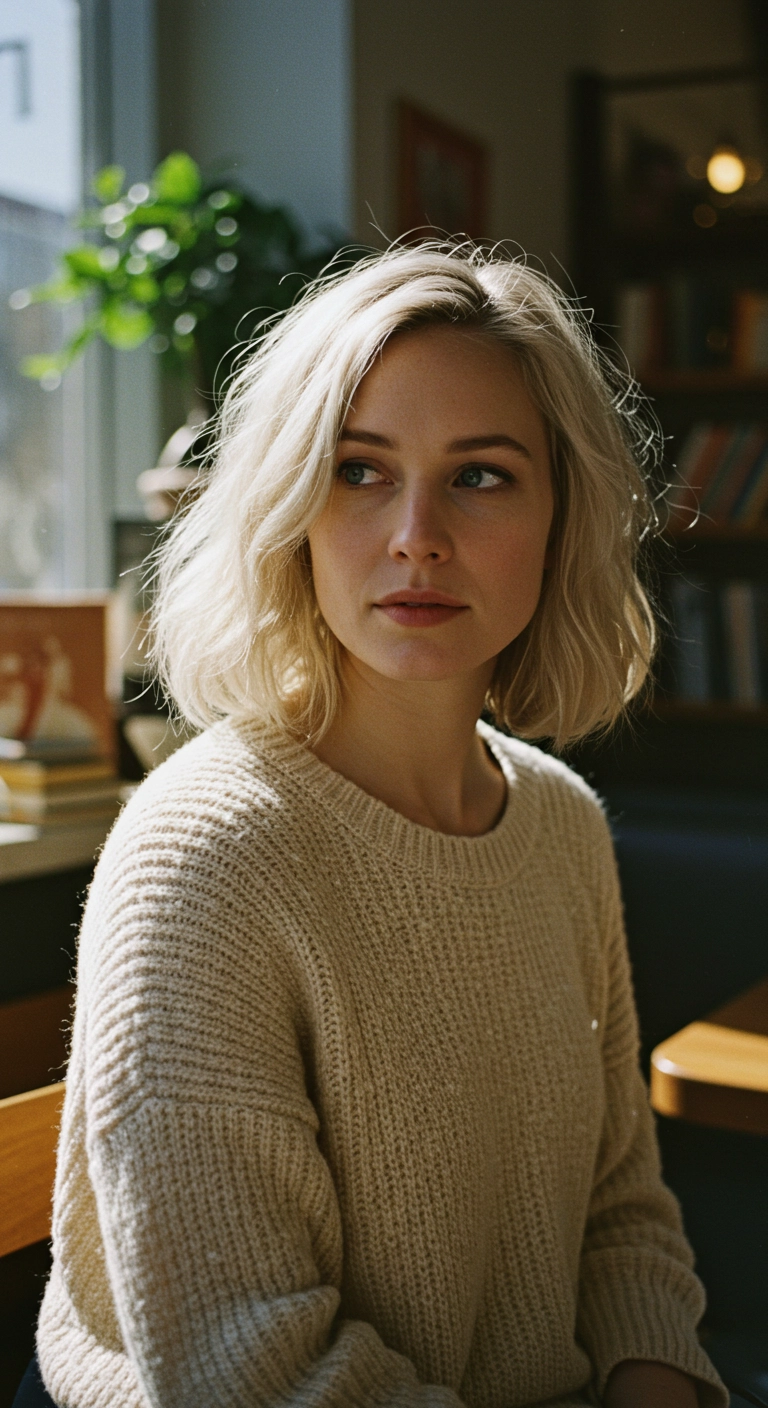 A woman with medium-length ash blonde hair in soft, touchable Hollywood waves.