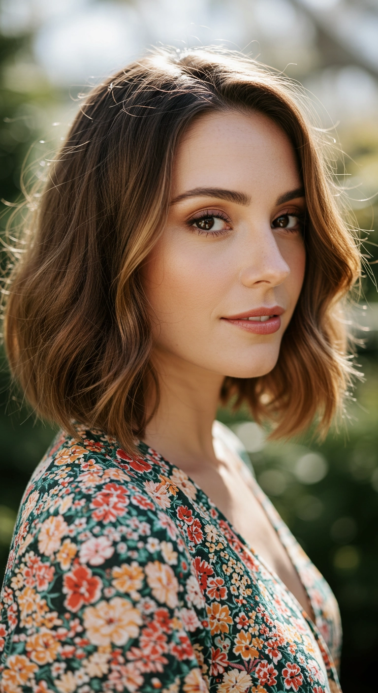 A woman with soft and romantic Hollywood waves on medium-length hair with golden balayage.