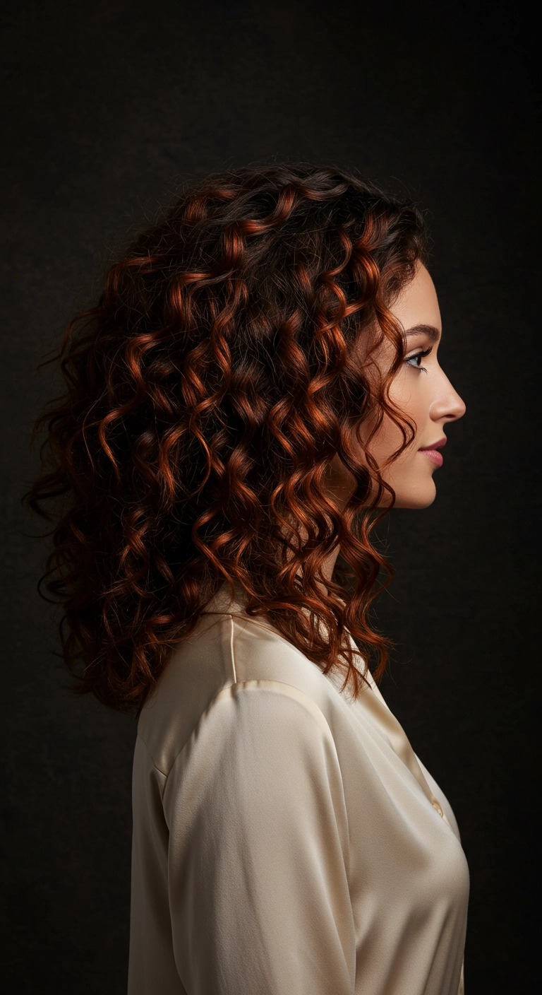 Profile view of a woman with curly deep brunette hair and bold copper ribbon highlights.