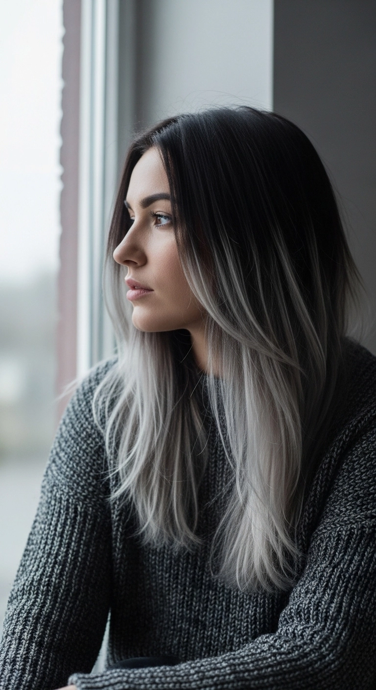 Woman with cool-toned dark brunette hair and a seamless ash blonde balayage.