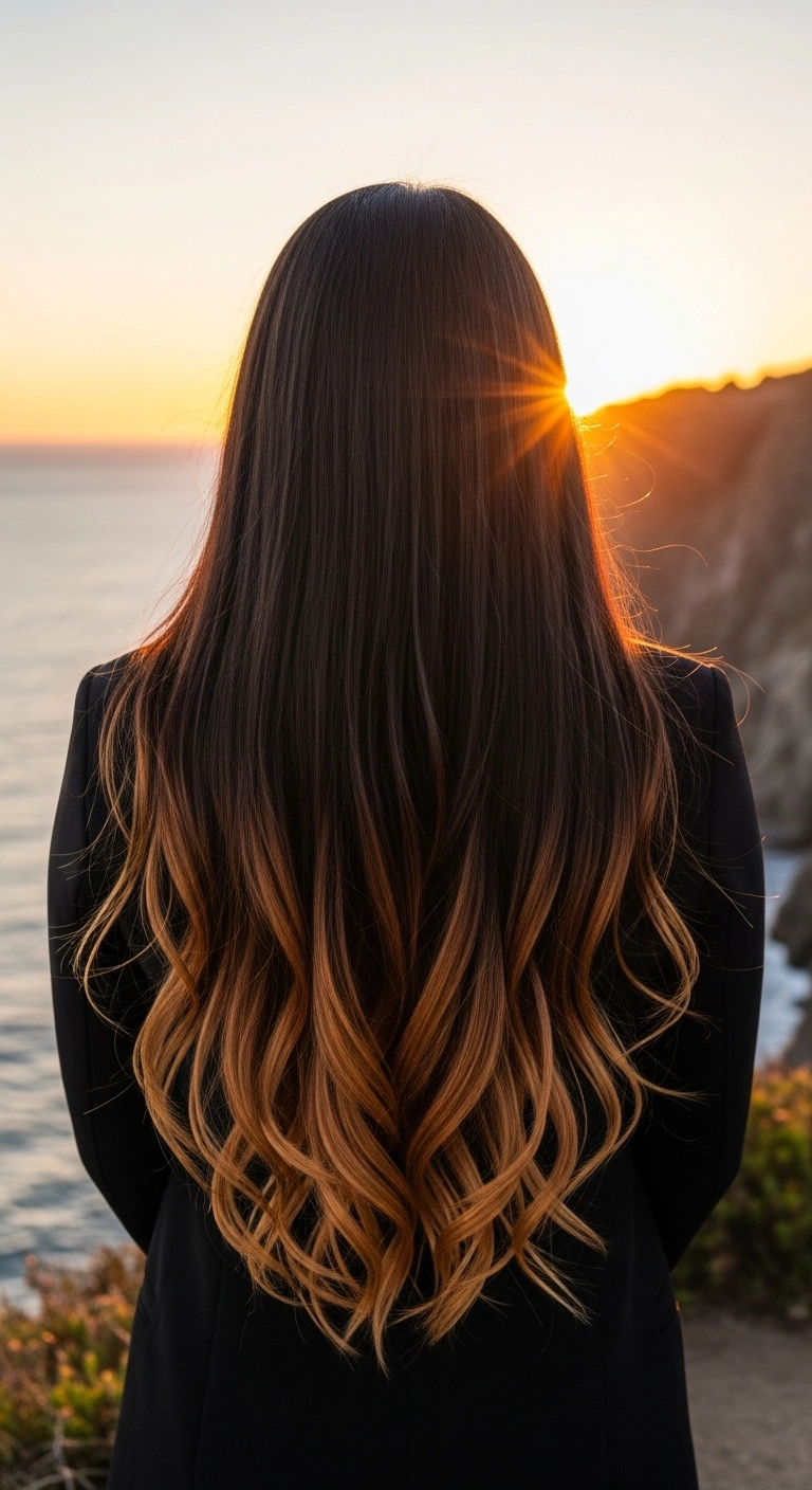Back view of a woman with long dark hair transitioning into a glowing burnt caramel ombré.