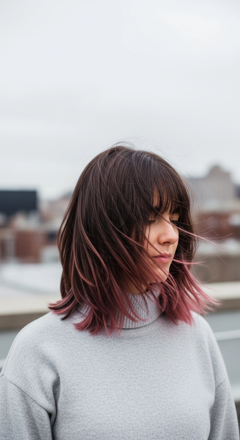 Woman's dark brown hair is lifted by the wind, revealing vibrant rose brown peekaboo highlights underneath