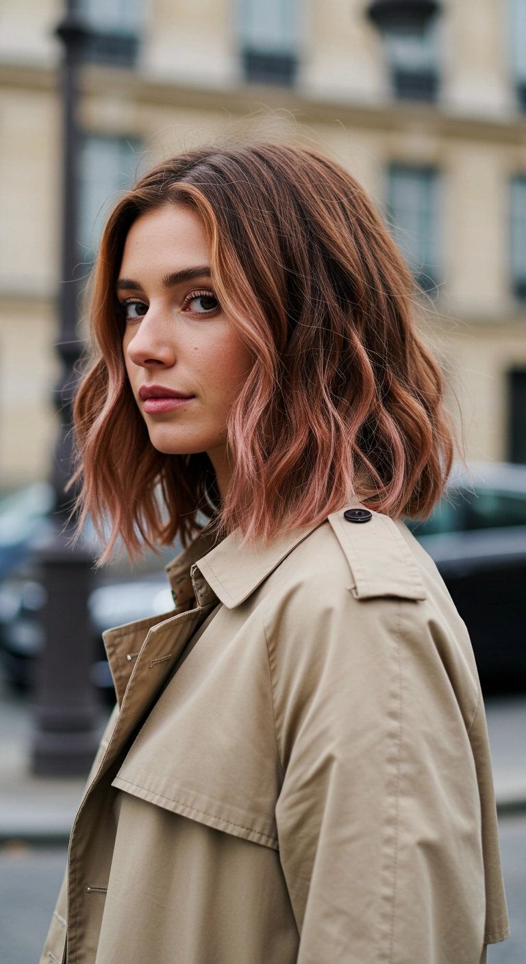 Woman with a wavy long bob featuring a soft, gradual rose brown sombré