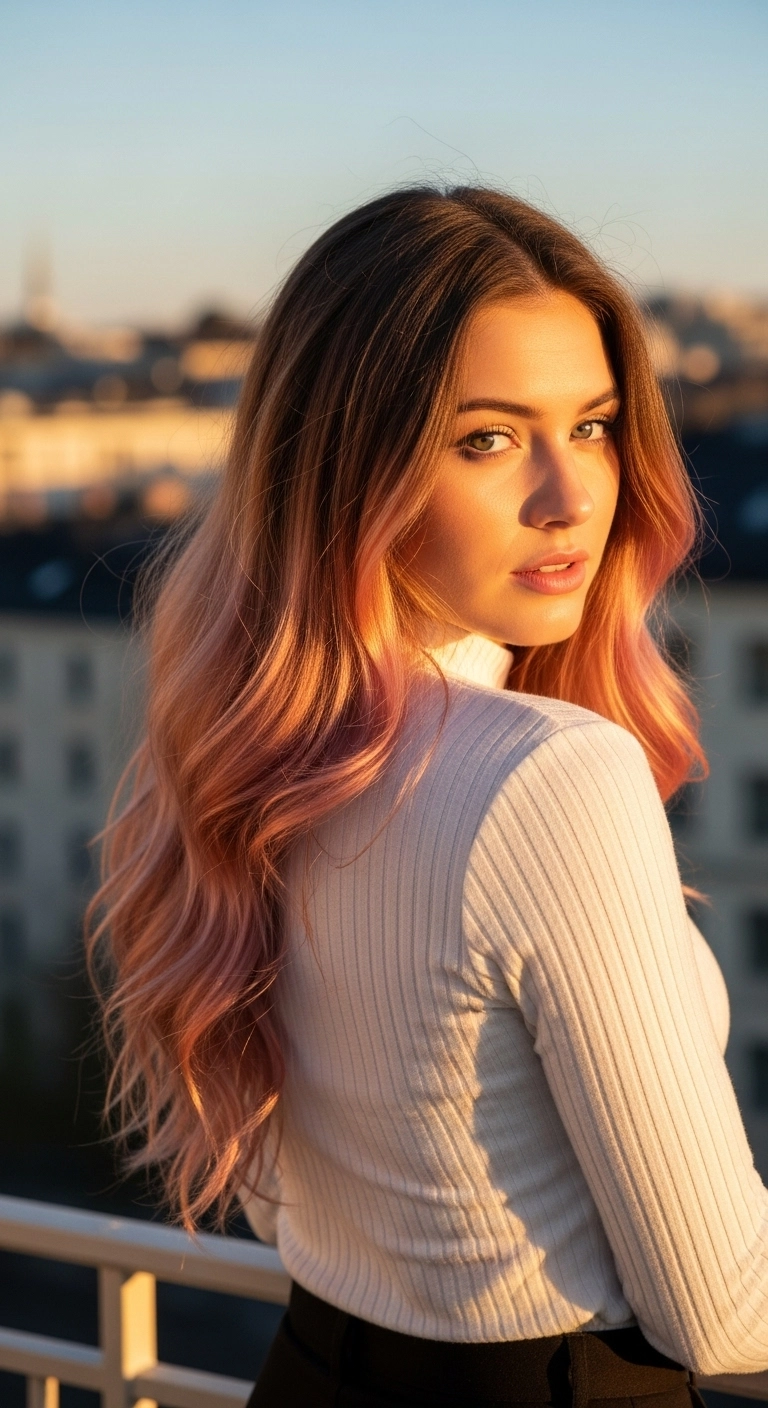 Woman with long wavy hair showcasing a light brown to sun-kissed rose brown ombré effect.