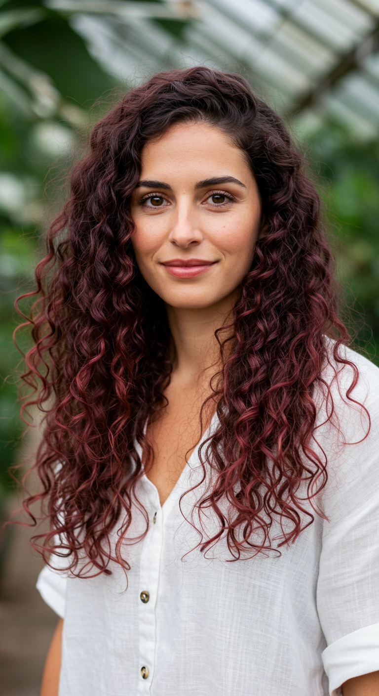 A woman with long, curly chocolate brown hair featuring a rich raspberry and rose brown balayage.