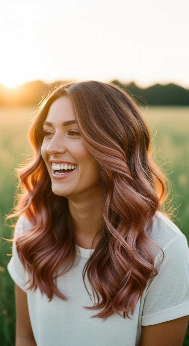 Woman with long, wavy chestnut hair featuring a warm rose brown and copper balayage at sunset.