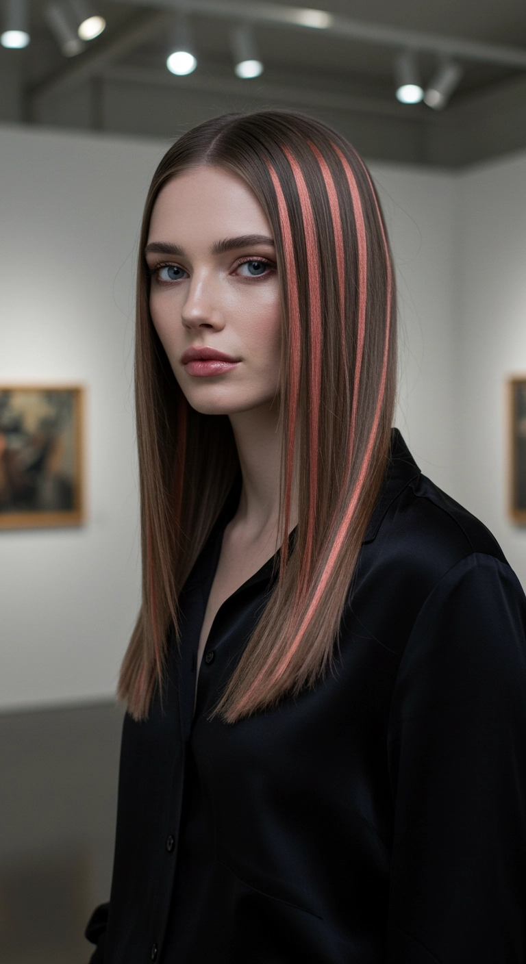 Woman with long, straight medium brown hair and distinct metallic rose gold balayage ribbons.
