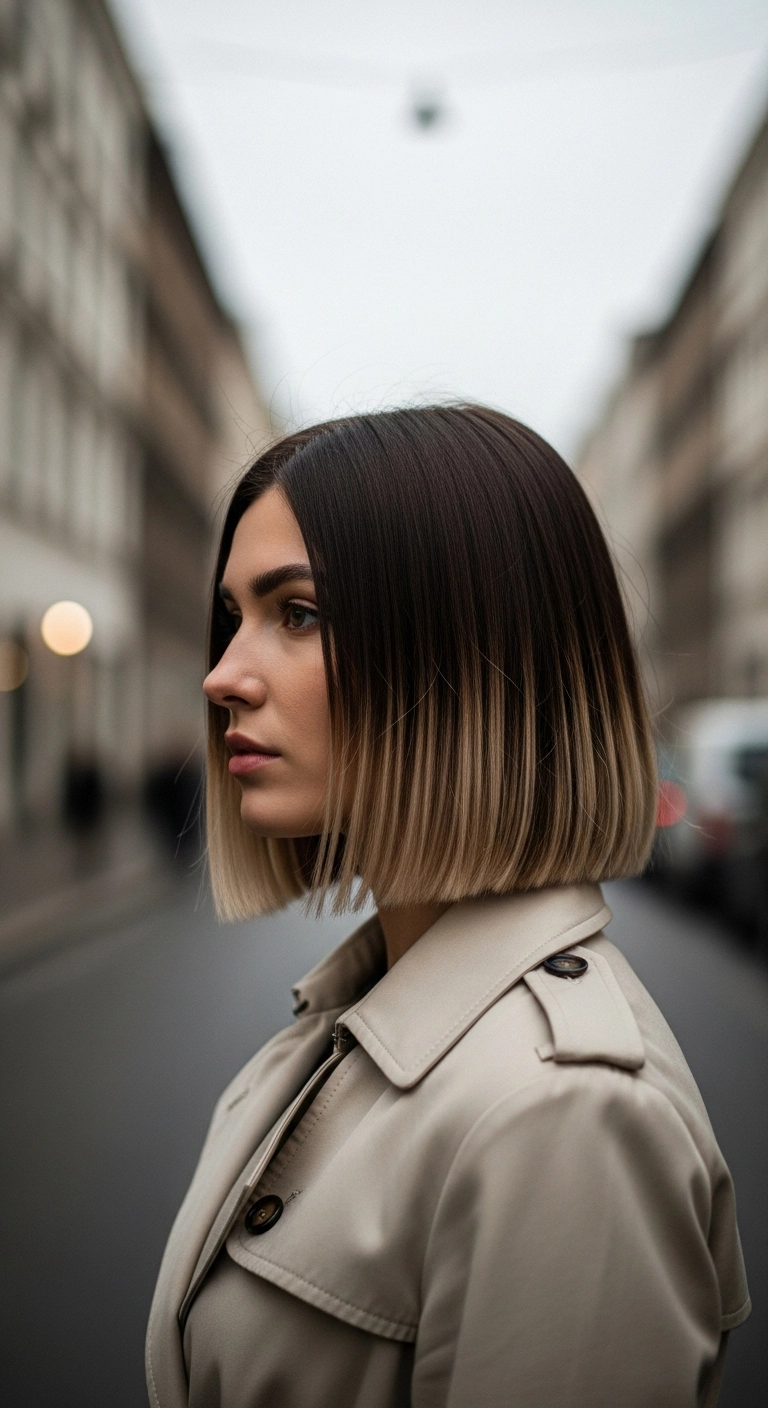 A blunt dark brown bob with the ends delicately tipped in a cool champagne blonde.