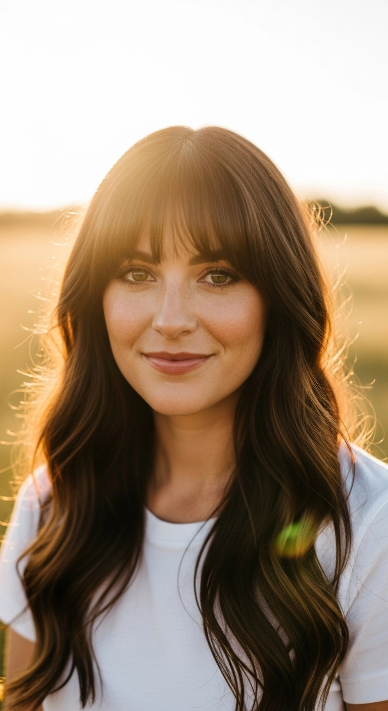 A woman with long wavy brunette hair and a bright blonde money piece hairstyle framing her face.