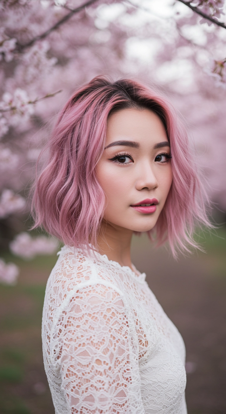 A woman with a dreamy, pastel pink tousled bob haircut standing in a field of cherry blossoms.