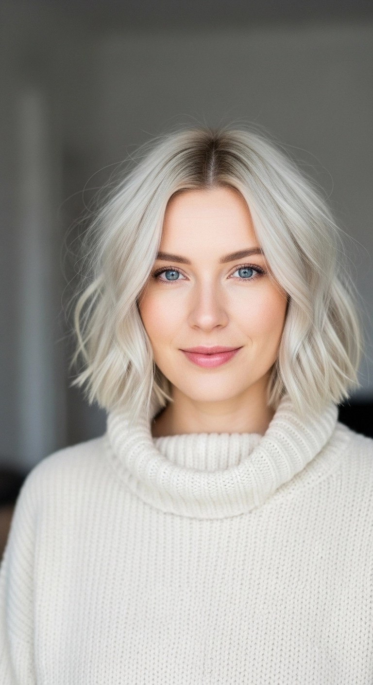 A woman with a platinum blonde blunt cut bob styled with tousled waves.