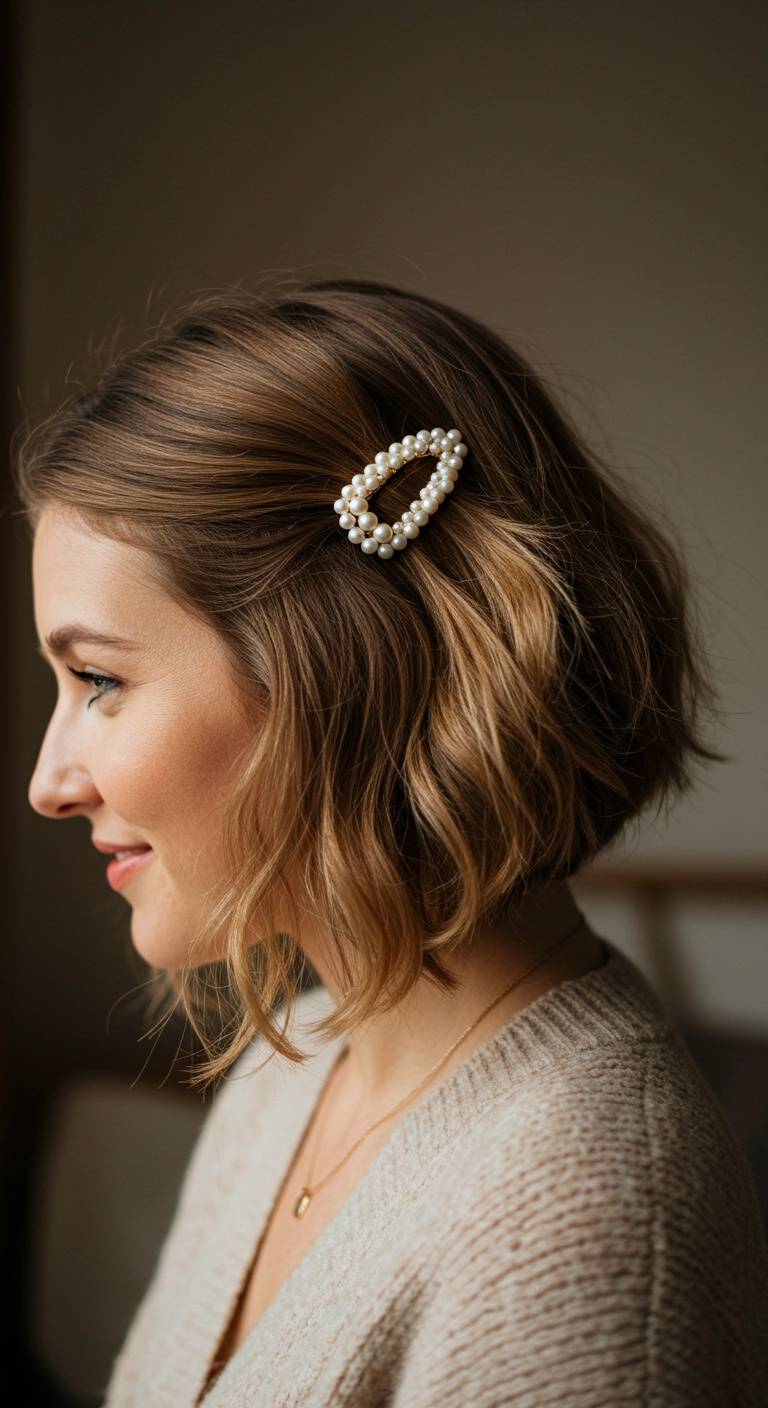 A light brown tousled bob styled with a large, elegant pearl hair clip on one side.