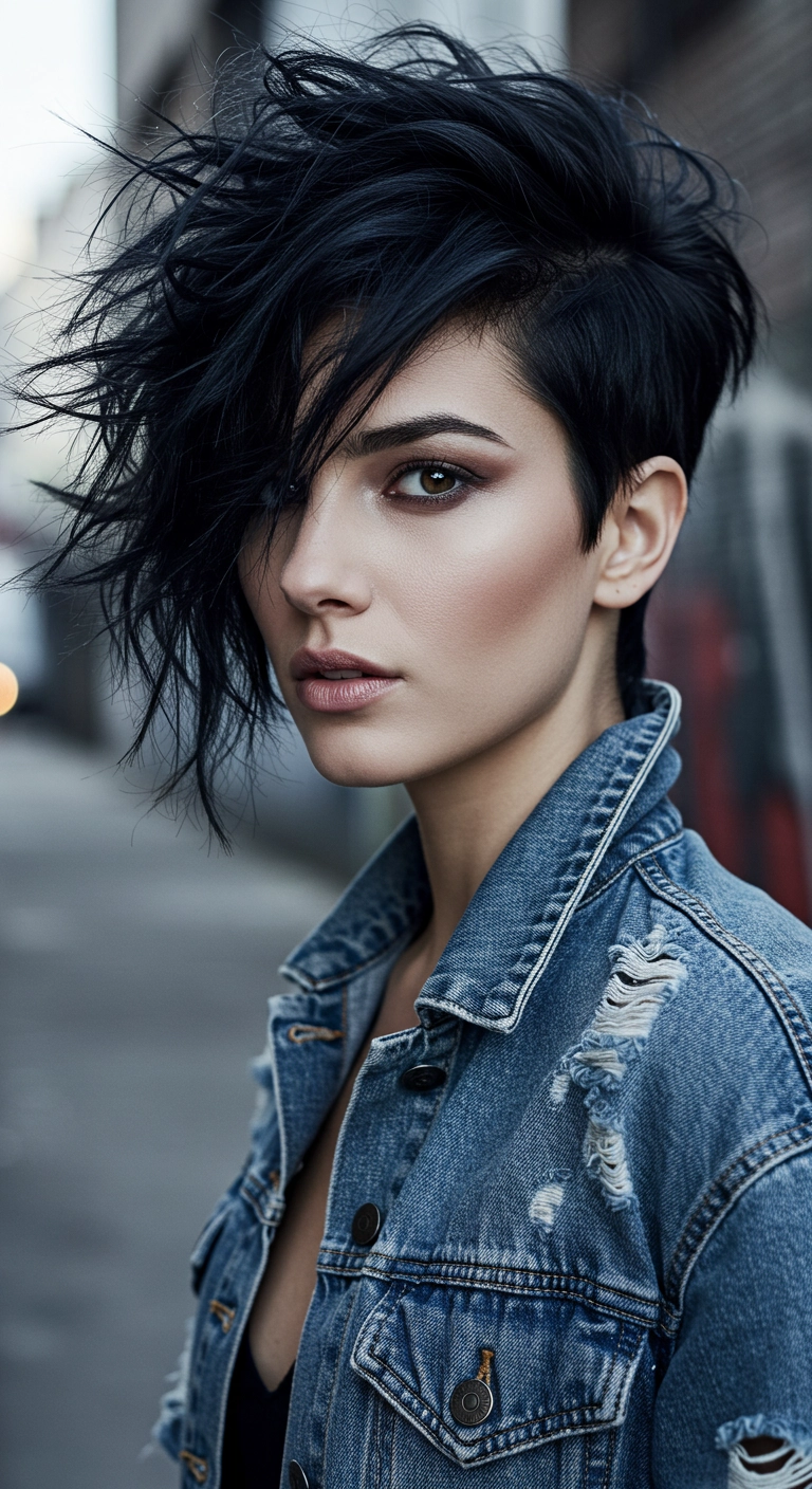 A woman with a highly textured, dark razor-cut tousled bob haircut.