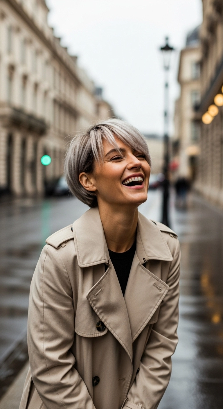 A stylish woman with a short ash blonde bixie haircut, a blend of a bob and pixie.