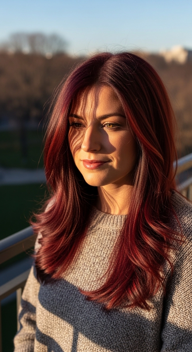 A woman with long wine red hair featuring subtle auburn highlights, on a balcony at golden hour.