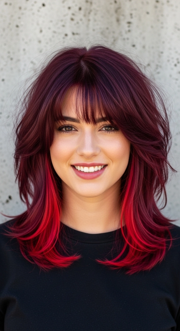 A woman with layered wine red hair, revealing a bright cherry red pop of color underneath as she moves.