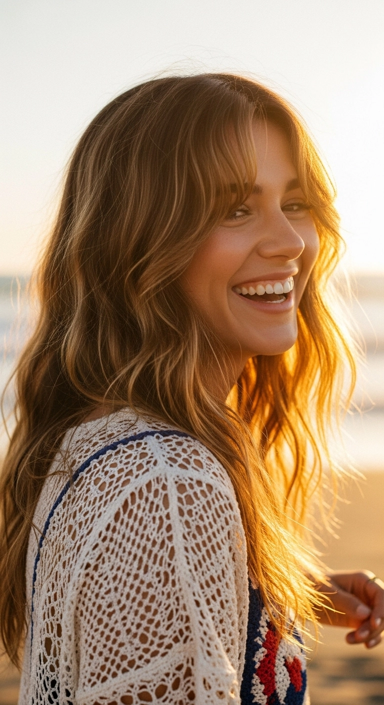 A woman with long, honey-brown beach waves and wispy curtain bangs, laughing on a beach at sunset.