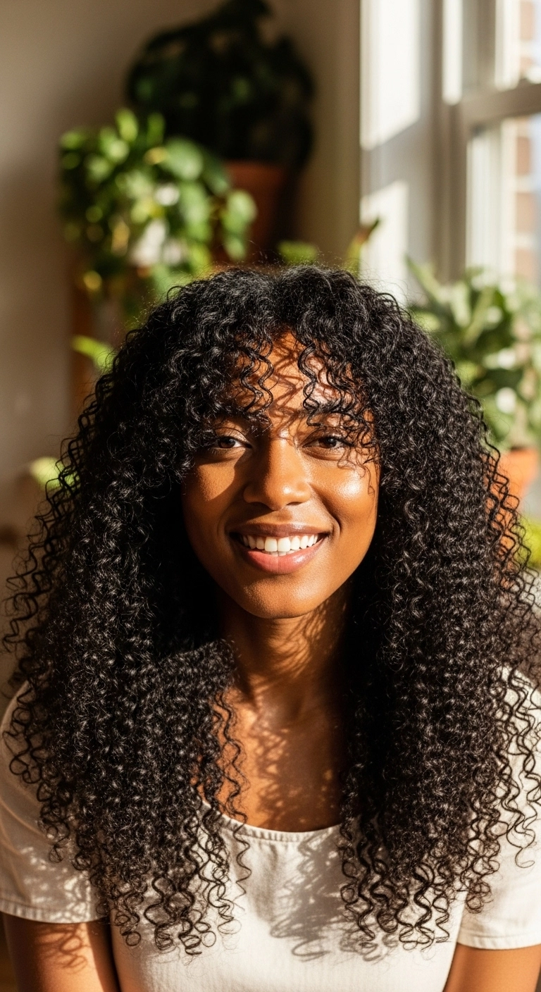 A Black woman with long, natural curly hair and wispy curly bangs.