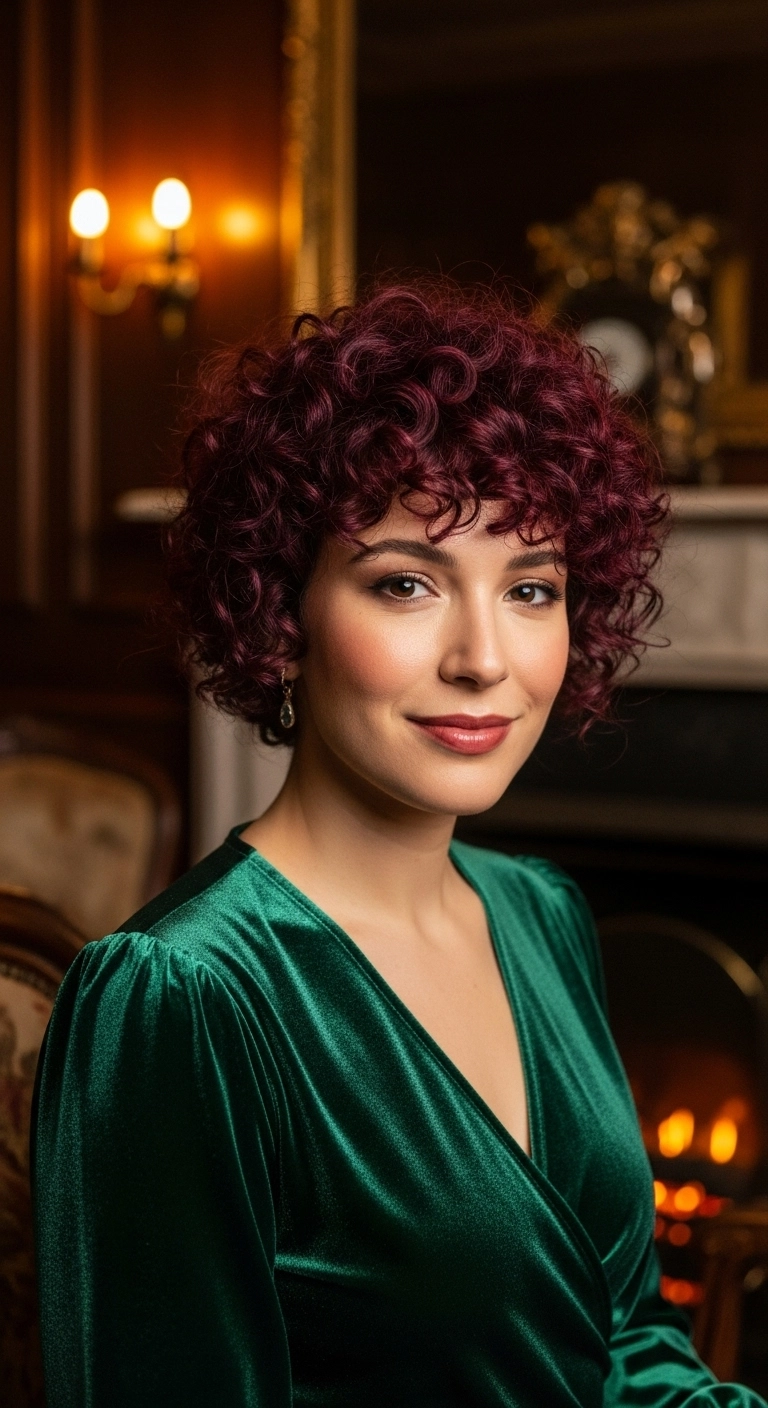 A woman with a curly, deep burgundy red wolf cut smiling warmly.