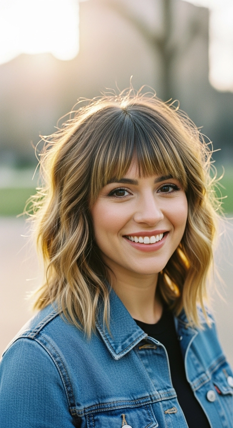A woman with a light brown wolf cut and chunky honey blonde highlights accentuating the layers.
