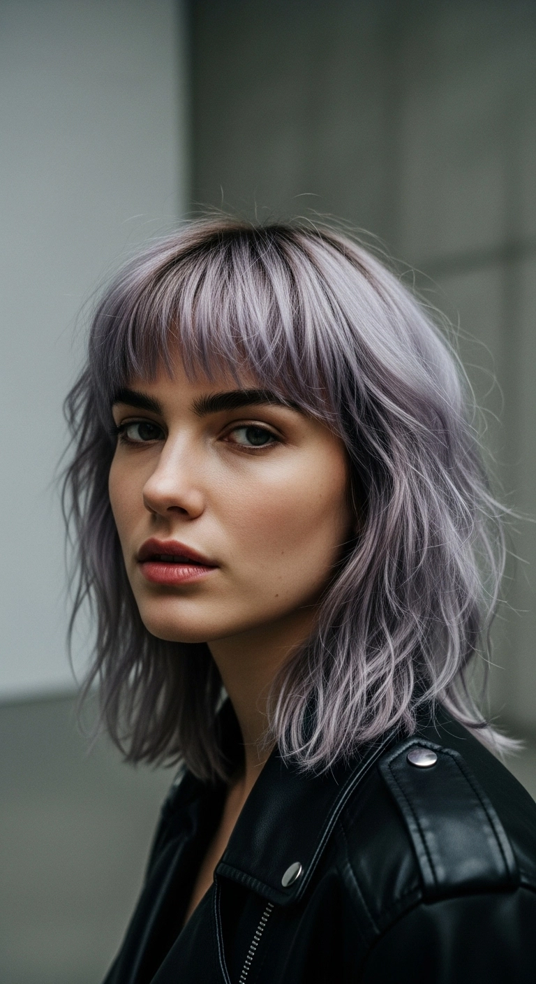 A woman with a smoky lavender wolf cut with dark roots, posing in an art gallery.