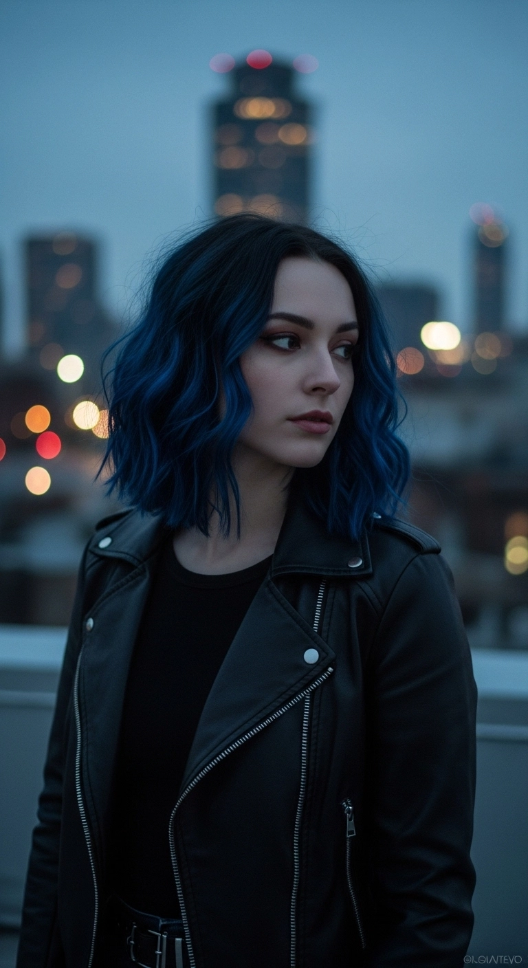 A woman with a midnight indigo blue wolf cut looking out over a city at twilight.