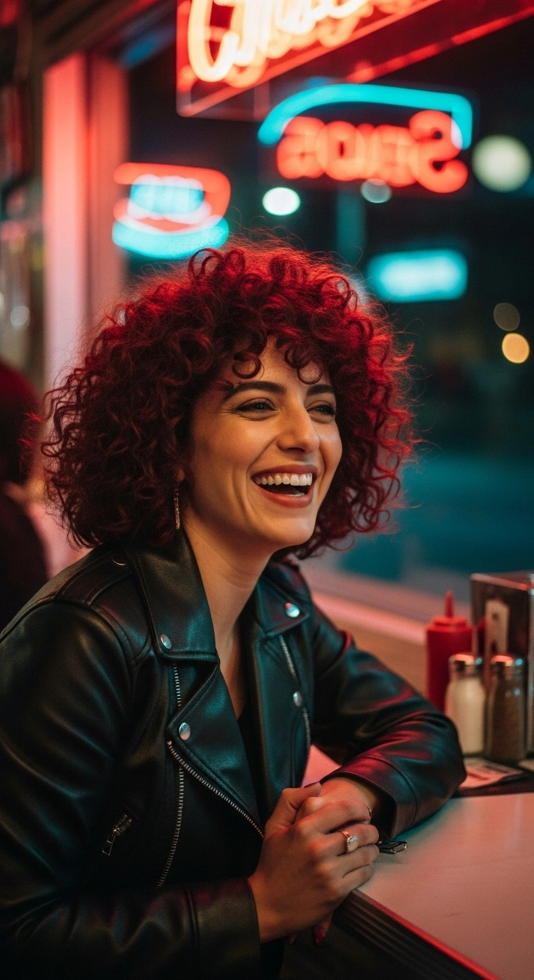 A woman with a curly cherry cola red wolf cut laughing in a retro diner.