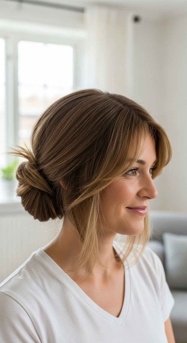 A woman with a layered haircut showing how the shorter pieces create texture in her low twisted bun.